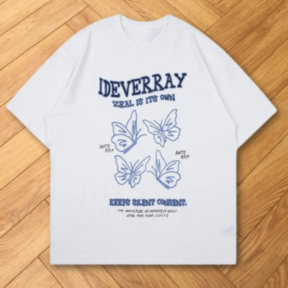 White Ideverray Zeal Butterflies Blue Line Art Graphic Tee